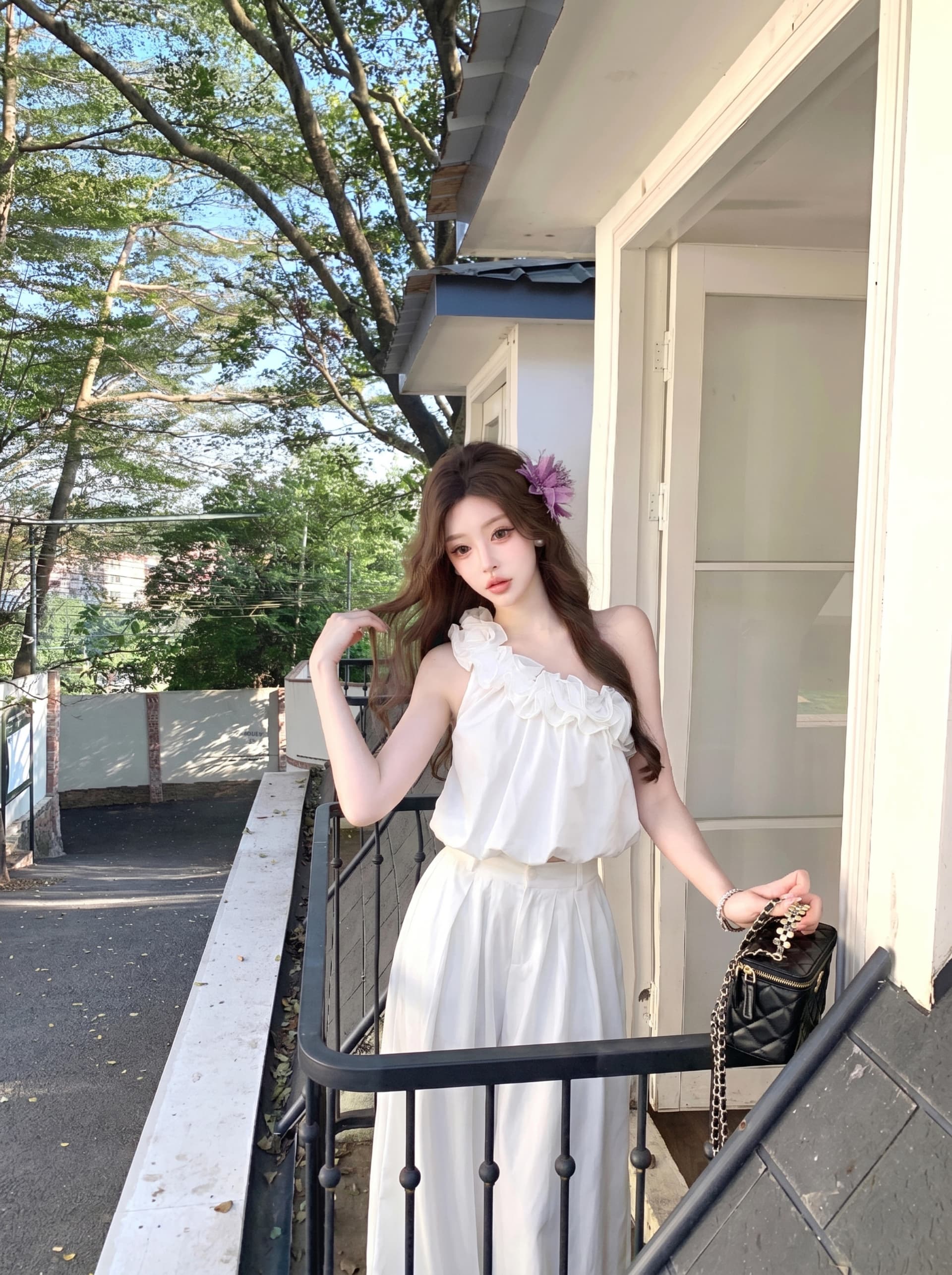 실사 프랑스식 품격 비스듬한 칼라 3 차원 꽃 고급 센스 오프숄더 슬림해 보이는 의류 주름 장식 허리 수축 캐주얼 긴 바지 세트 상세 이미지 10