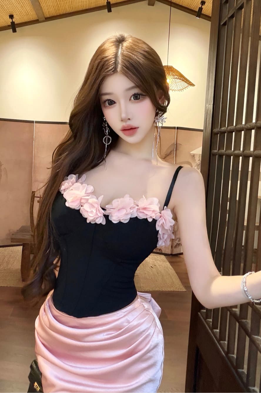 실사 핫걸 핑크색 세트 여성 여름 순수한 욕망 꽃 슬립 착용 가져 가라. 전체 집합 타이트 스커트 반신 스커트 투피스 세트 이미지 6