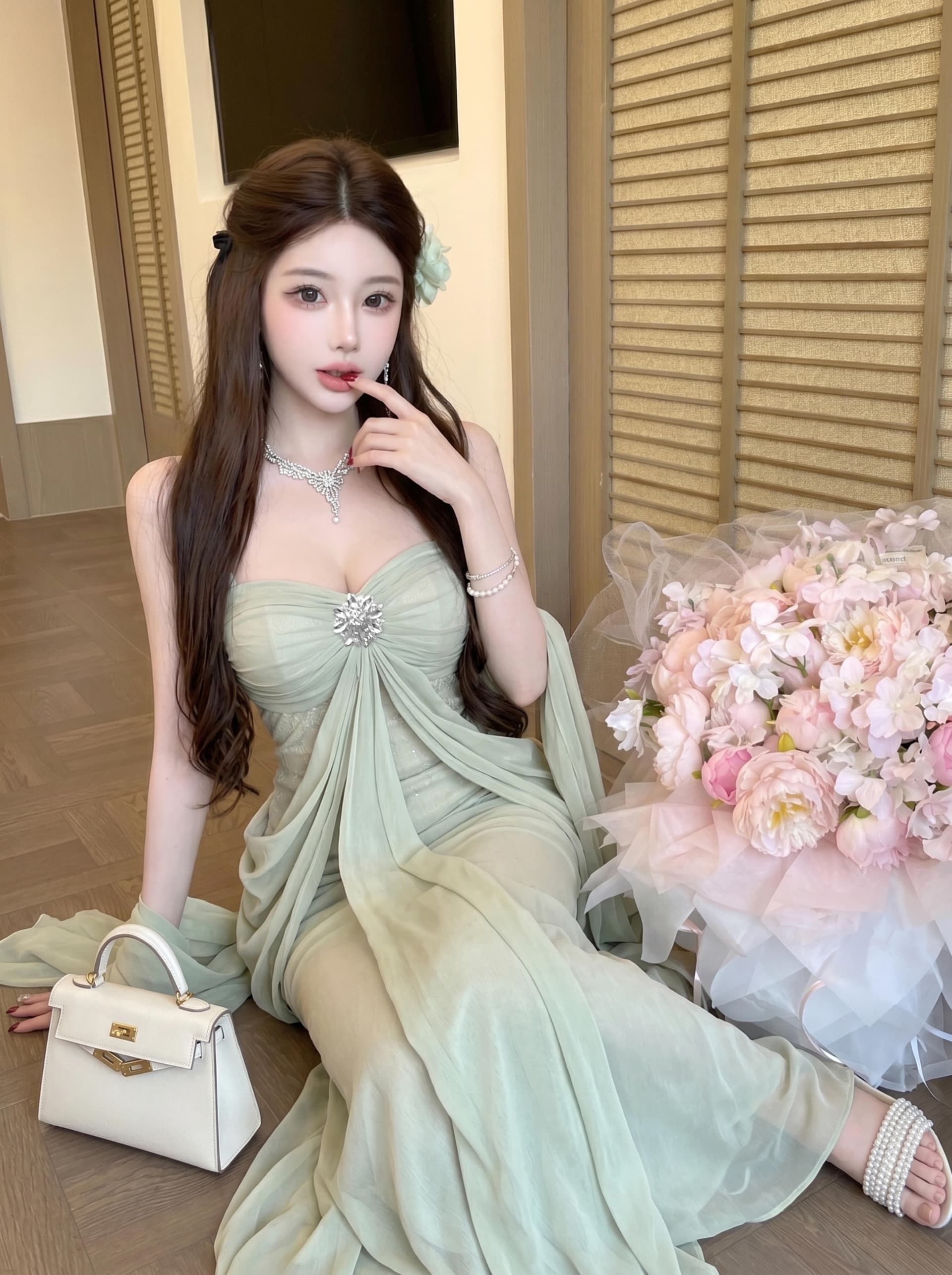 실사 부드러운 빛 럭셔리 명문 여성 달콤함 품격 튜브탑 망사 드레스 고급 센스 보트넥 오프숄더 예복 치마 상세 이미지 1