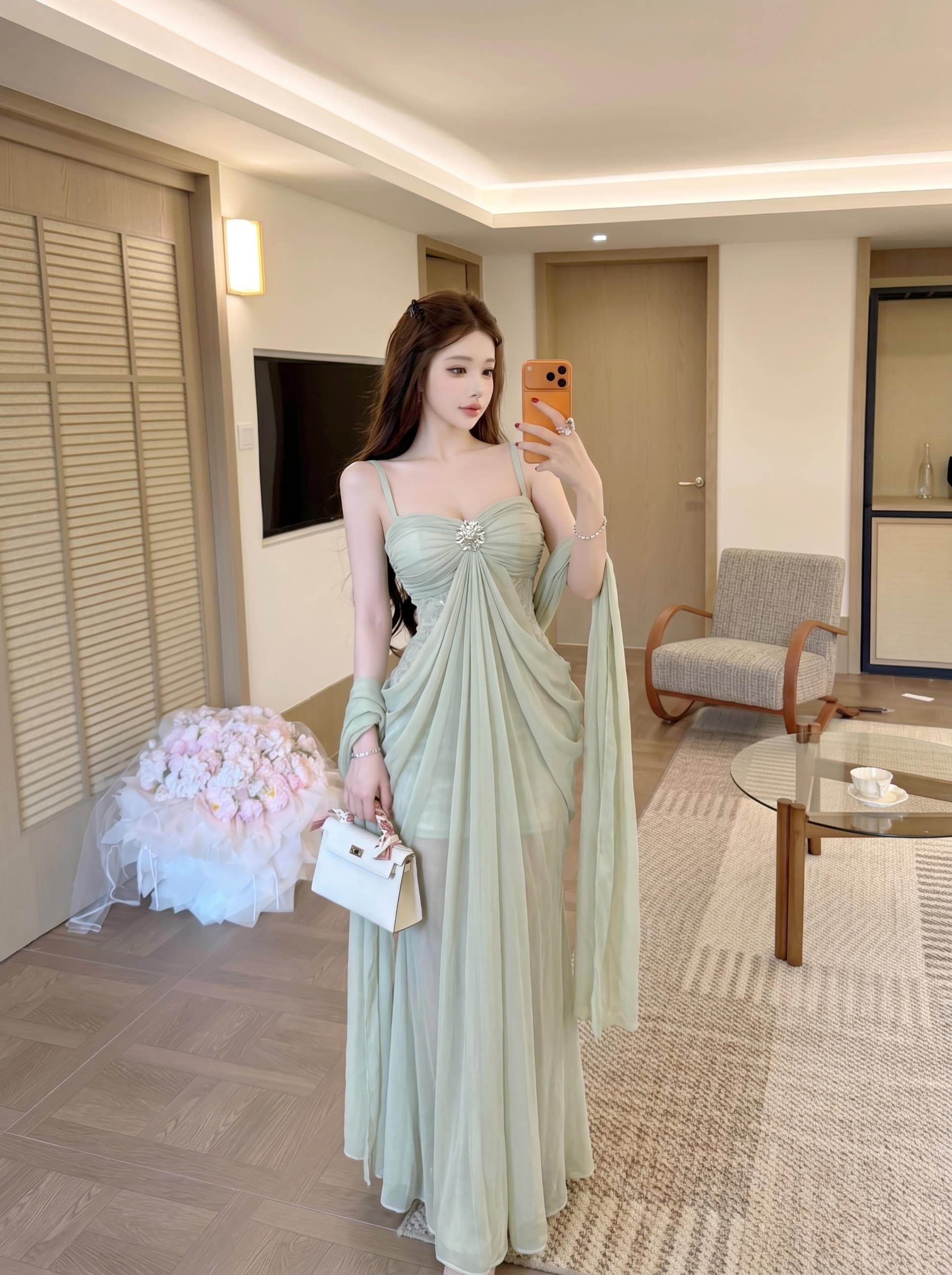 실사 부드러운 빛 럭셔리 명문 여성 달콤함 품격 튜브탑 망사 드레스 고급 센스 보트넥 오프숄더 예복 치마 상세 이미지 6