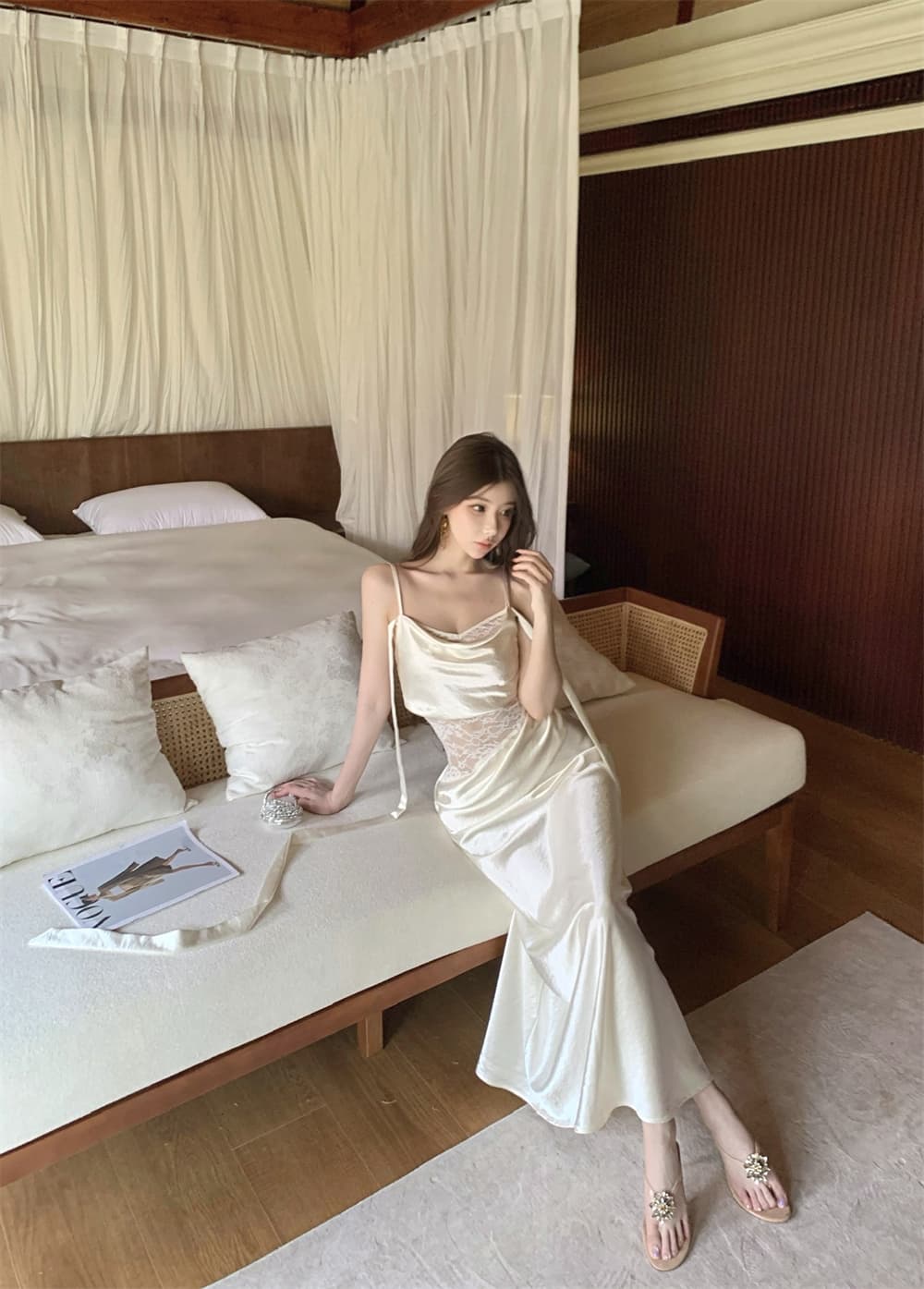 실사 품격 흔들다 칼라 레이스 조각 슬립 드레스 2026 펌프 Pleat 디자인 센스 작은 대중 슬림해 보이는 새틴 요정 롱 스커트 상세 이미지 12