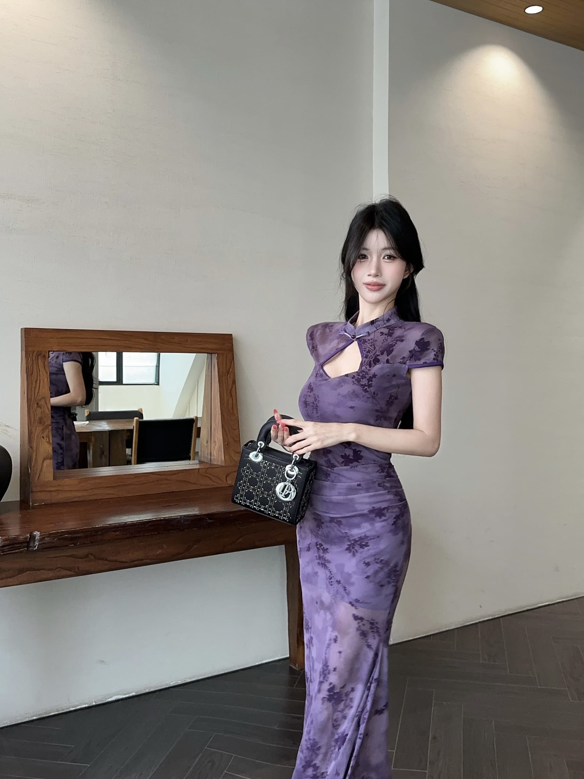 실사 국풍 새로운 중식 보라색 홀로우 아웃 꽃무늬 향상된 버전 치파오 드레스 관대 한 점잖은 아름다운 자이언트 잘 생긴 롱 스커트 상세 이미지 36