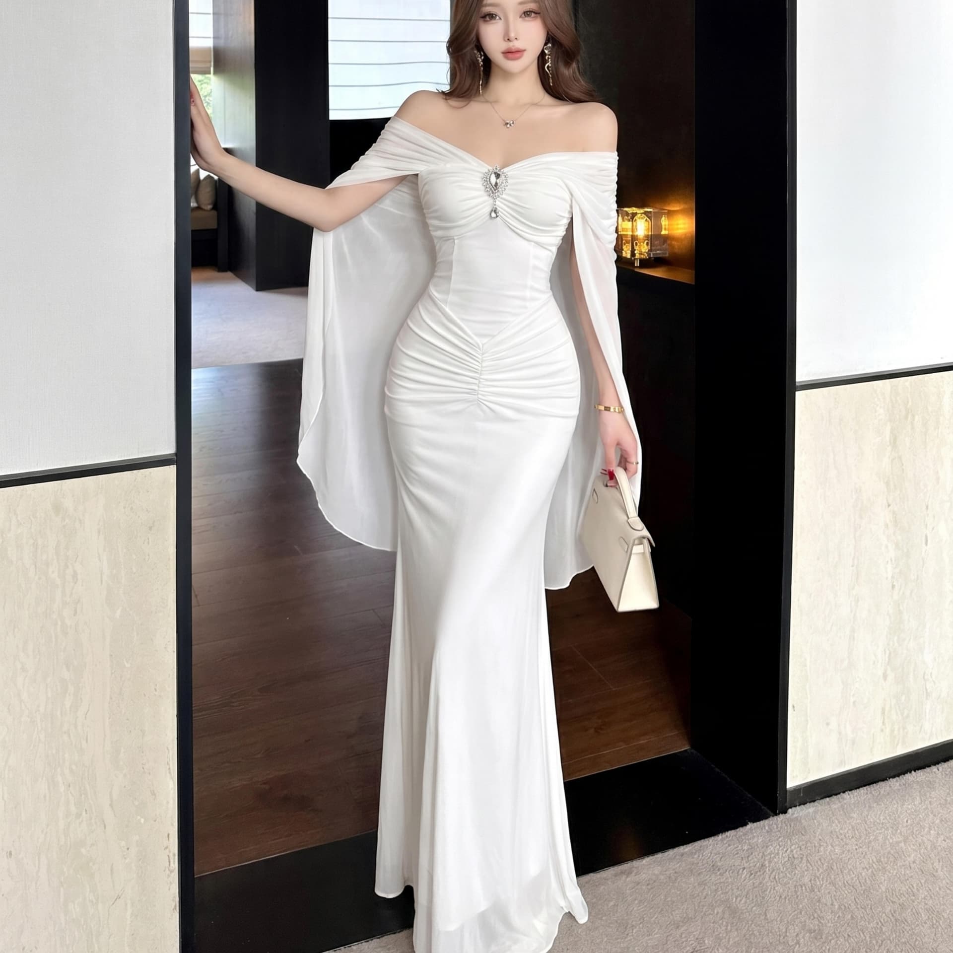 실사 순수한 욕망 절묘한 감기 센스 망사 패치워크 V넥 숄 작은 대중 몸매 가꾸기 Chic 휴가 예복 요정 치마 이미지 5