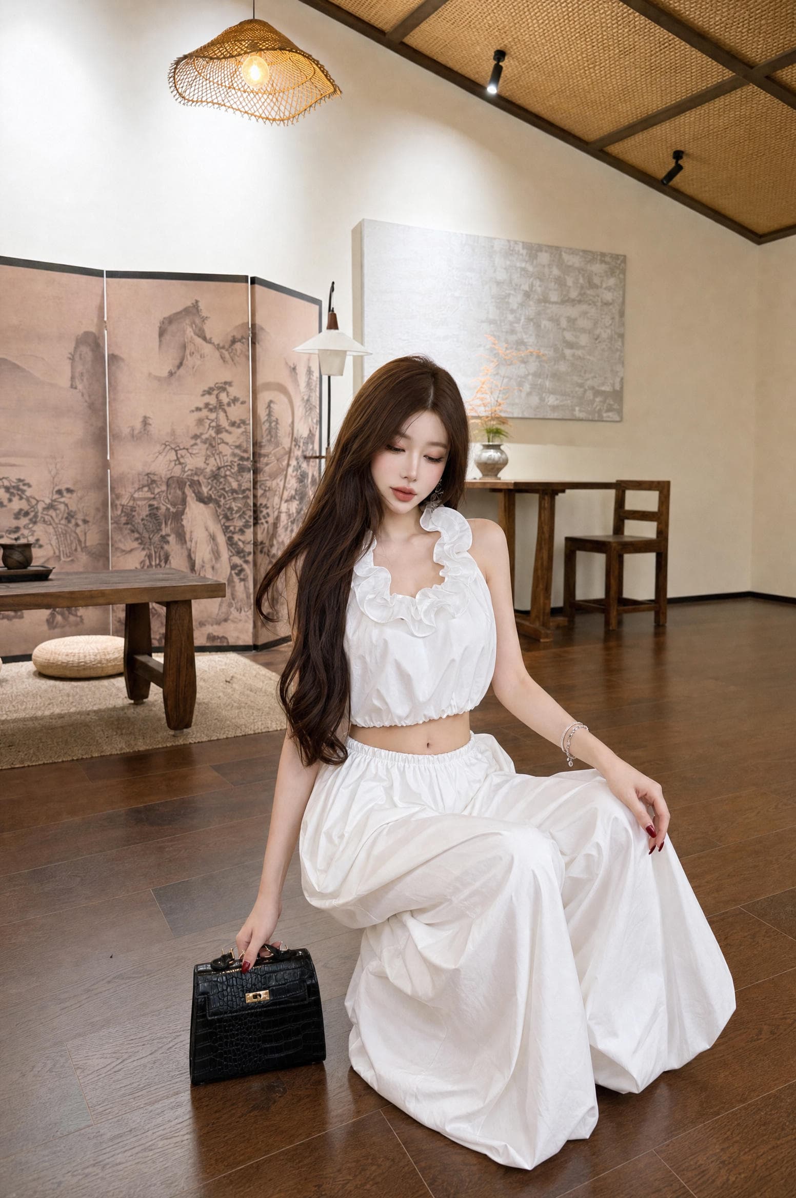 실사 아름다움 오는 화이트 레이스 행침 목 튜브탑 의류 수 있습니다. 조정 랜턴 자외선 차단 넓은 다리 길이 바지 외국 가스 세트 이미지 2
