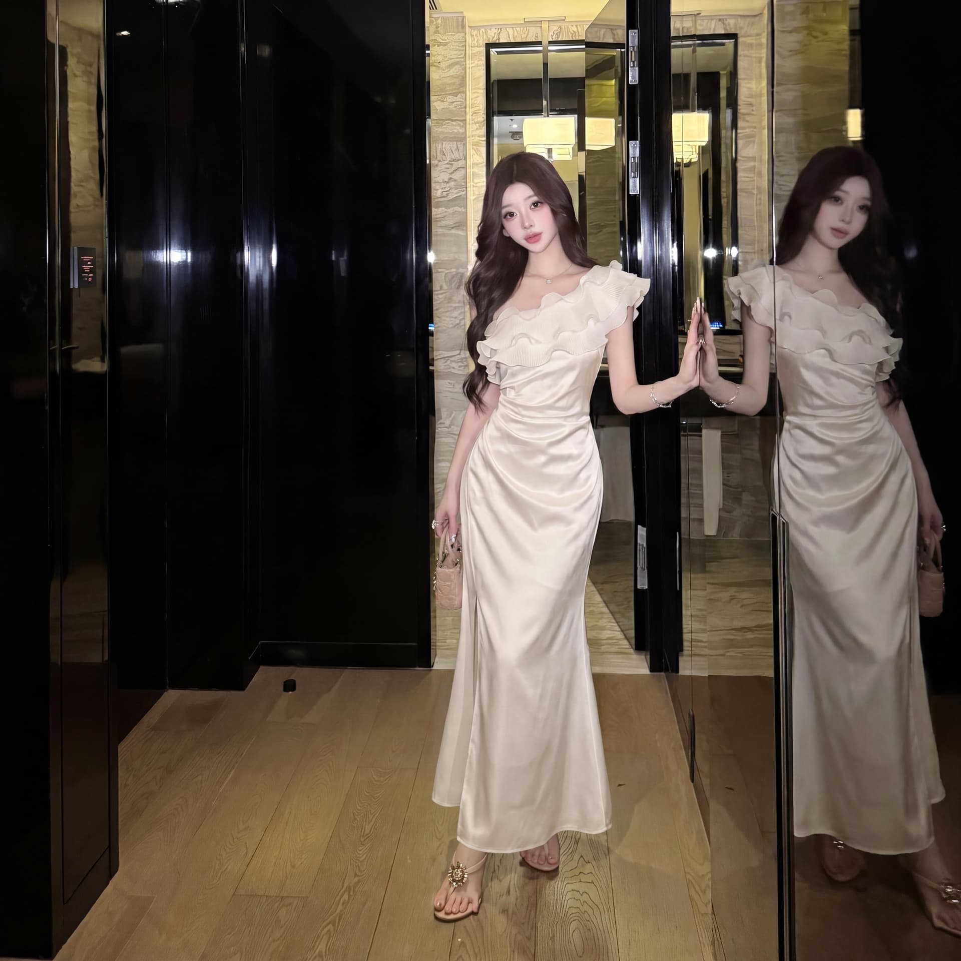 실사 여름 품격 천 골드 순수한 욕망 새틴 프릴 오프숄더 표지 배 슬림해 보이는 인어 꼬리 트임 드레스 이미지 2