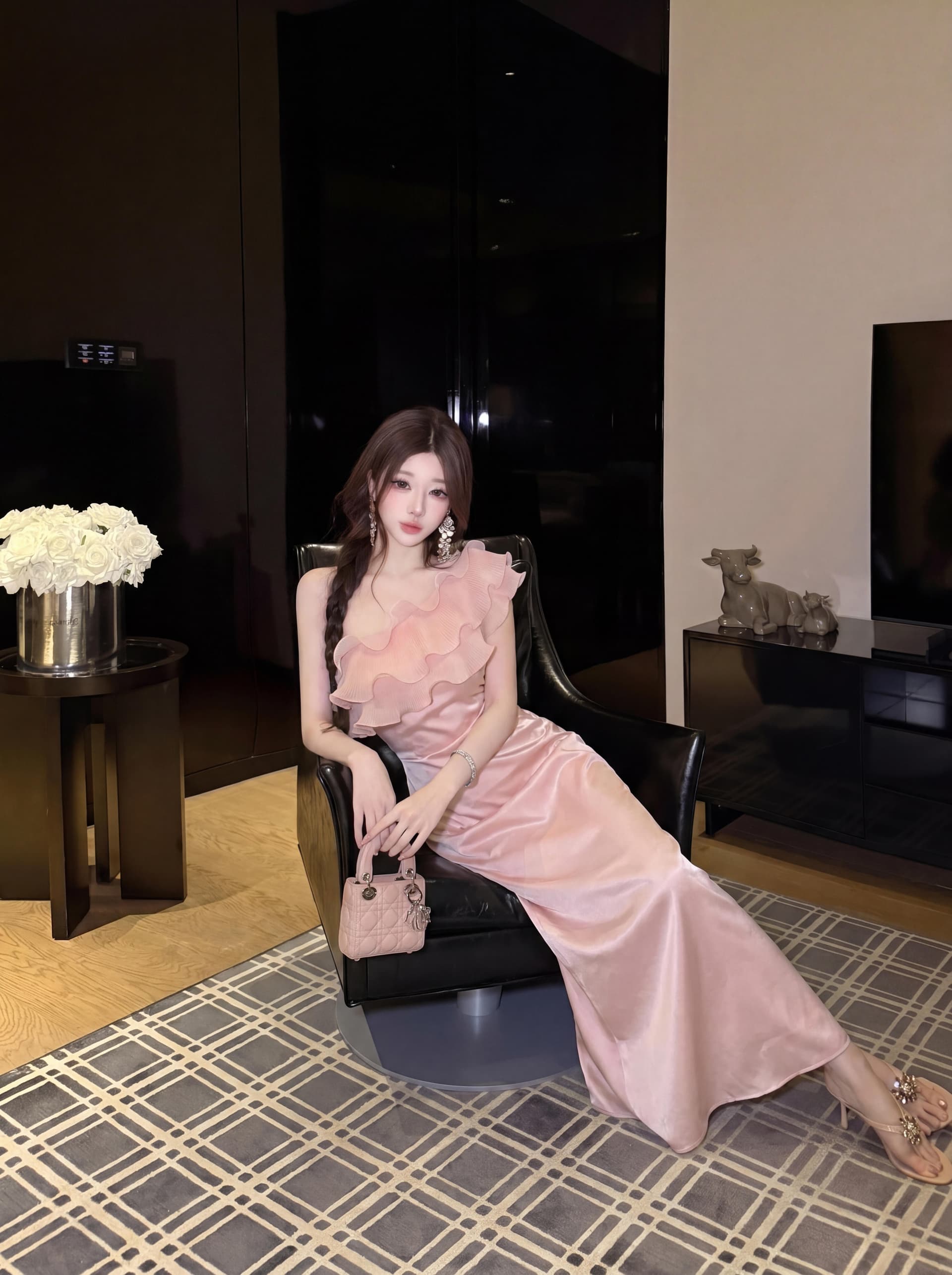 실사 여름 품격 천 골드 순수한 욕망 새틴 프릴 오프숄더 표지 배 슬림해 보이는 인어 꼬리 트임 드레스 상세 이미지 7