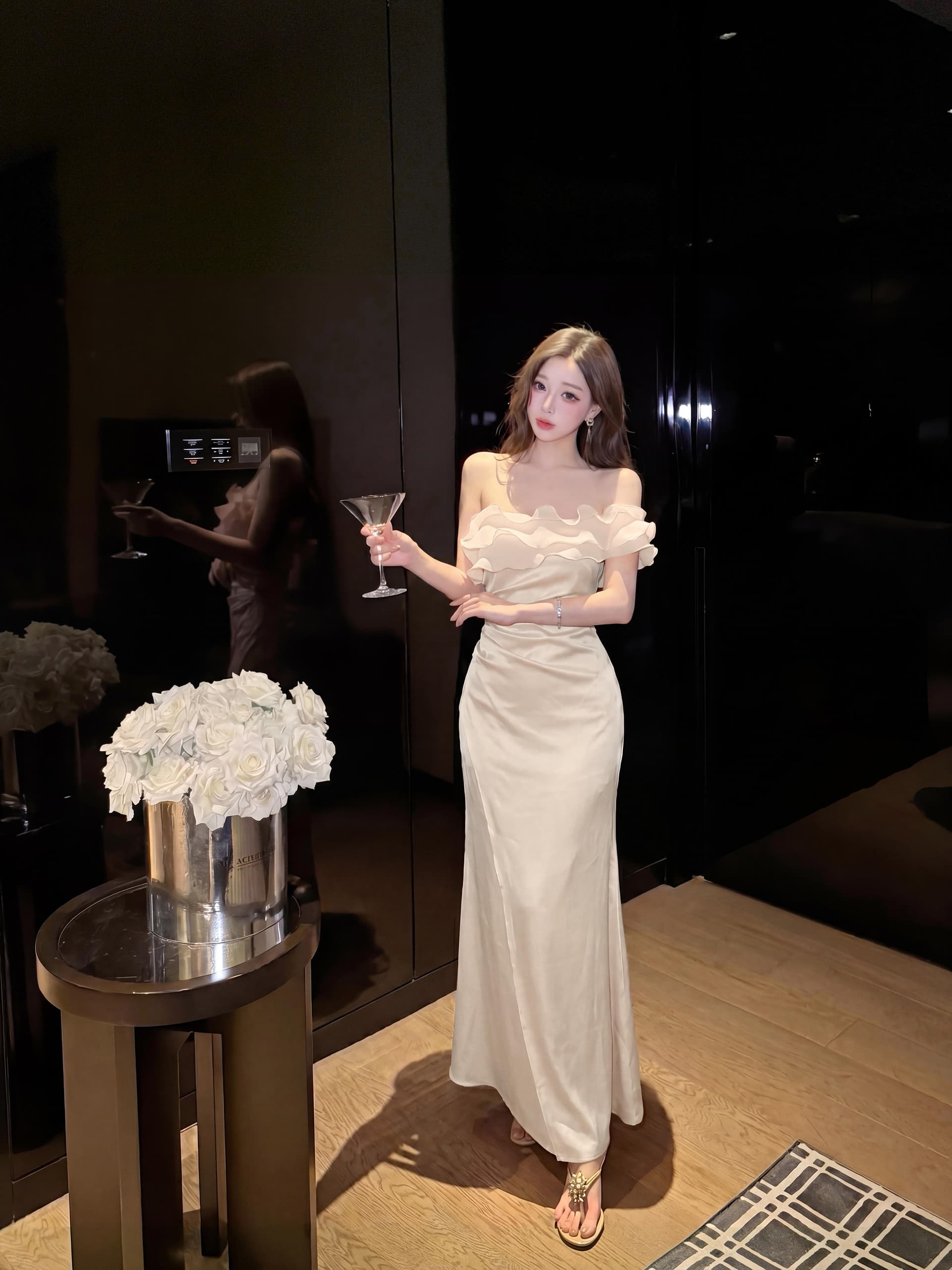 실사 여름 품격 천 골드 순수한 욕망 새틴 프릴 오프숄더 표지 배 슬림해 보이는 인어 꼬리 트임 드레스 상세 이미지 19