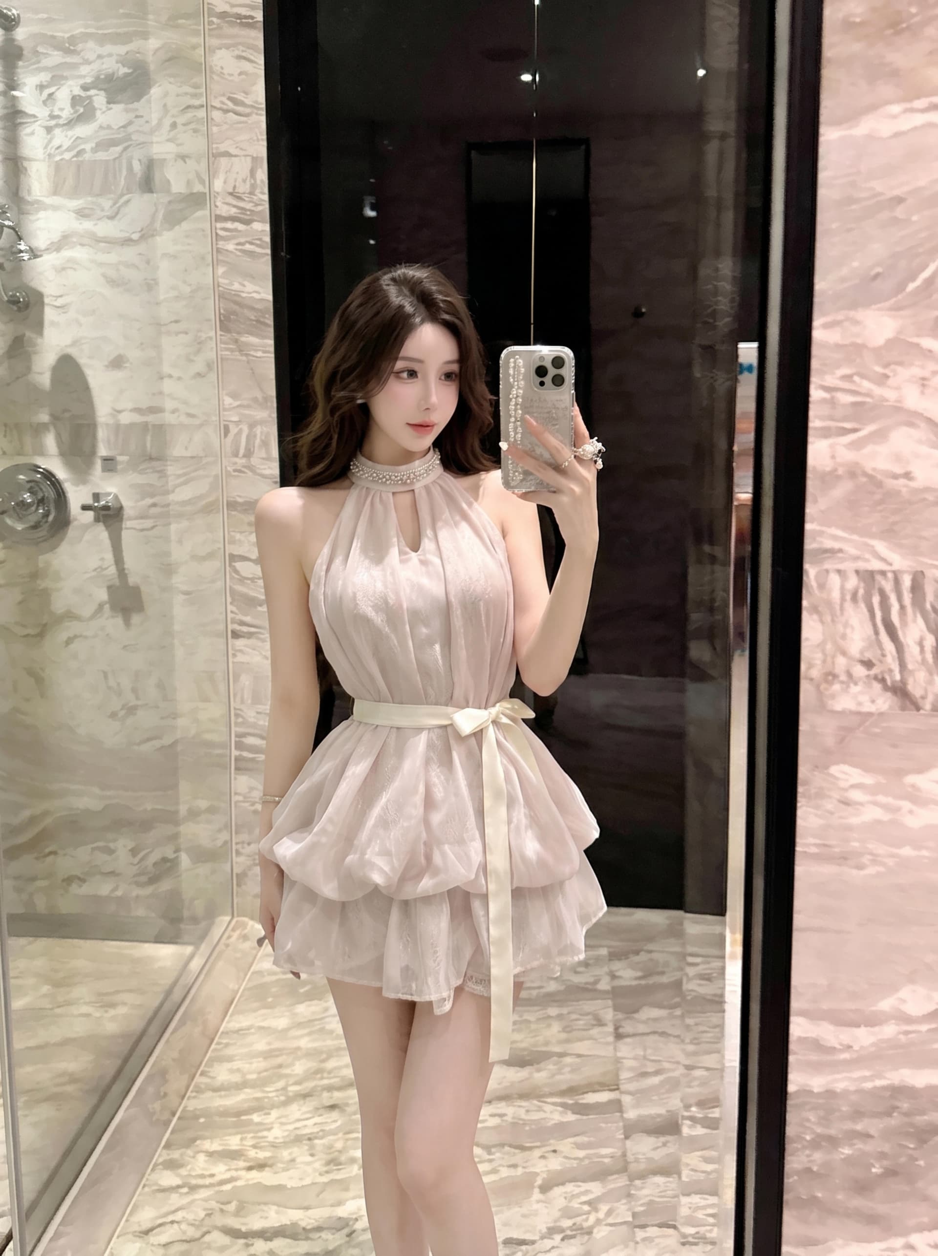실사 천 골드 다이아몬드 세팅 구슬 꽃 칼라 행침 목 여성 드레스 단색 나비 매듭 허리 수축 꽃밭 달콤함 민소매 미니 스커트 상세 이미지 1