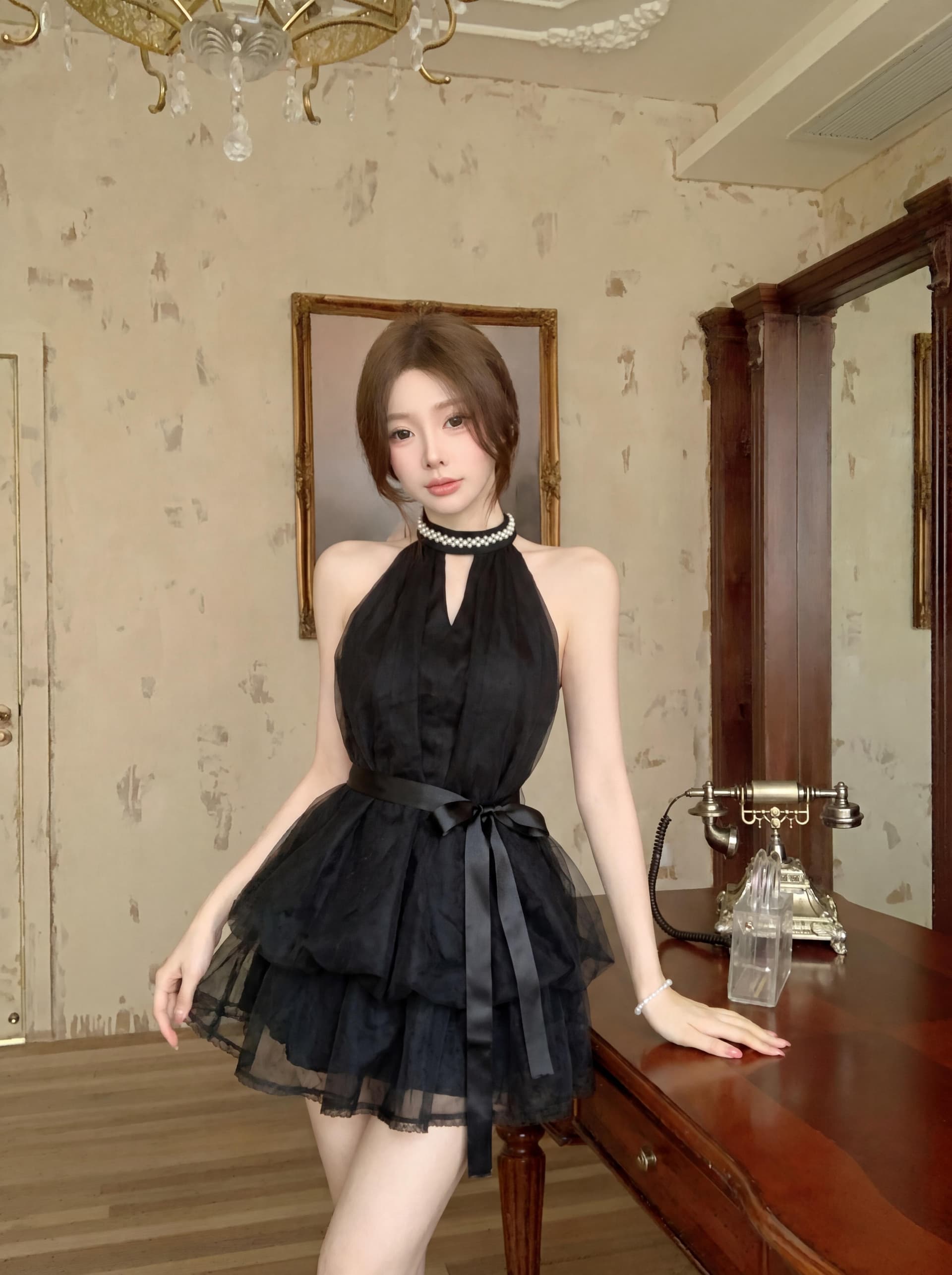 실사 천 골드 다이아몬드 세팅 구슬 꽃 칼라 행침 목 여성 드레스 단색 나비 매듭 허리 수축 꽃밭 달콤함 민소매 미니 스커트 상세 이미지 11