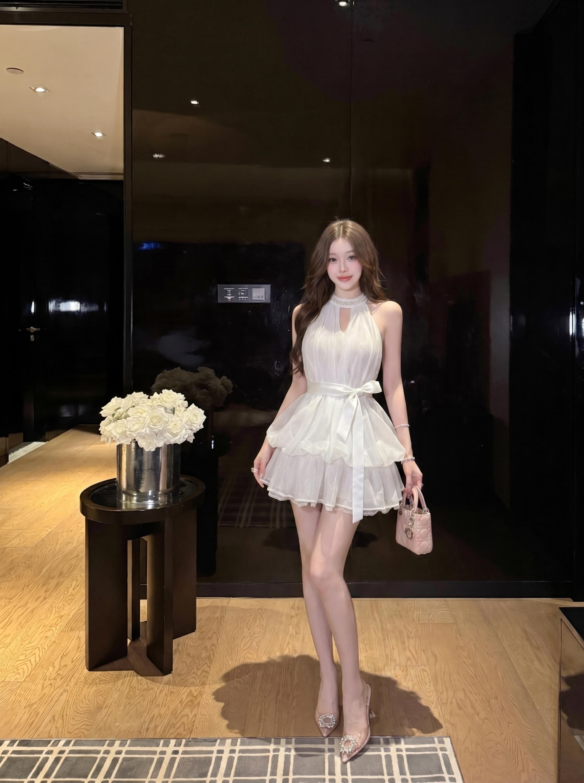 실사 천 골드 다이아몬드 세팅 구슬 꽃 칼라 행침 목 여성 드레스 단색 나비 매듭 허리 수축 꽃밭 달콤함 민소매 미니 스커트 상세 이미지 15