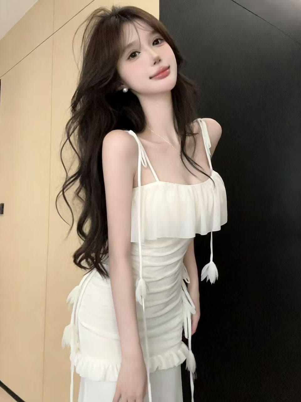 실사 빛 요리 한 우아함 프릴 슬립 여성 드레스 여름 슬림해 보이는 순수한 욕망 슈퍼 잘 생긴 허리 수축 타이트 스커트 롱 스커트 상세 이미지 2