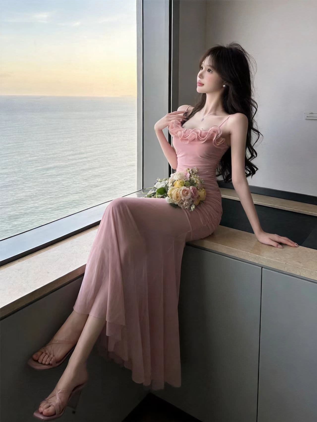 실사 디자인 센스 꽃 망사 슬립 드레스 여름 해변 휴가 인어 꼬리 스커트 생일 예복 외국 가스 치마 상세 이미지 9