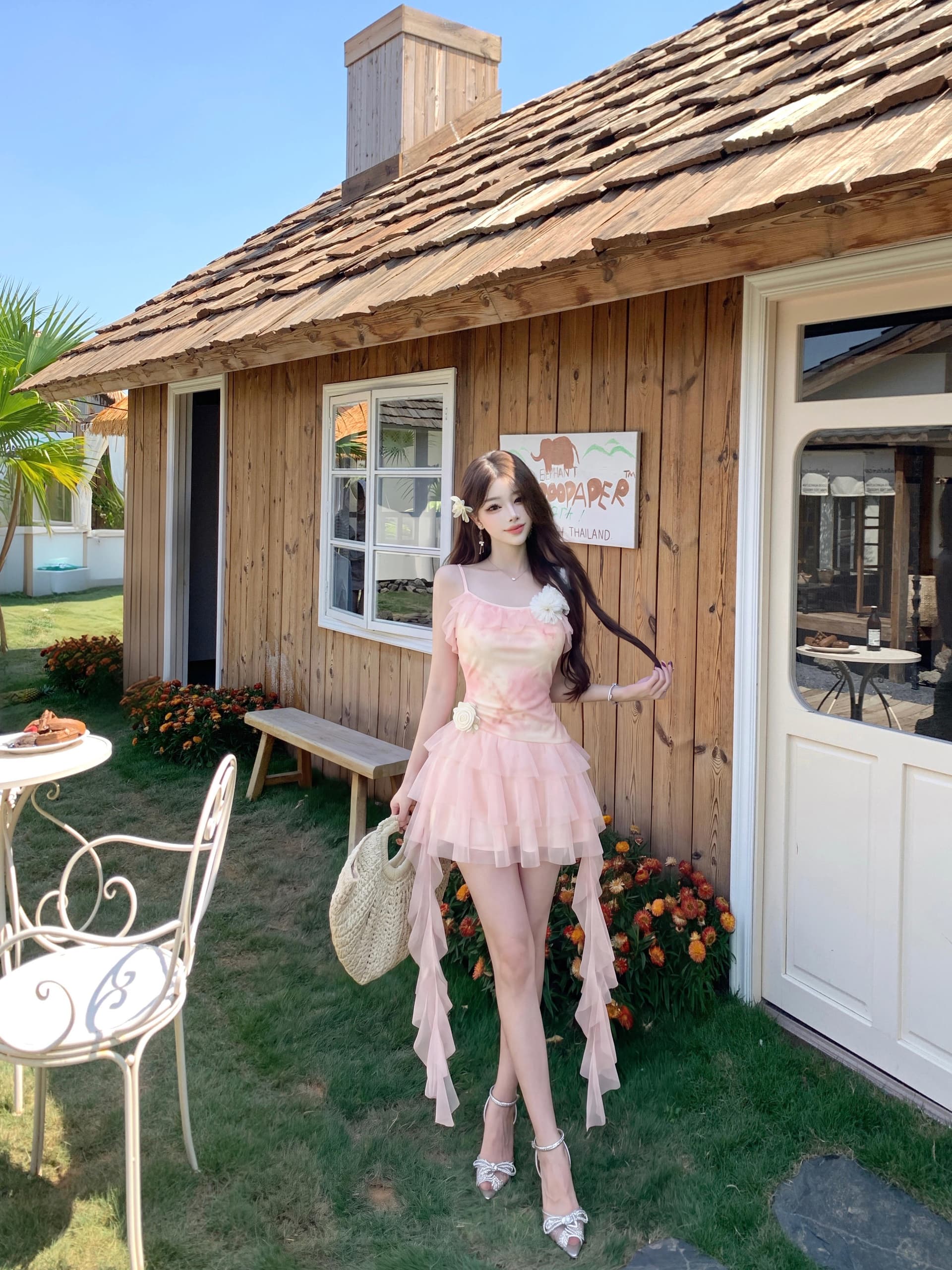 실사 프랑스식 핑크색 분위기 센스 슬립 여성 드레스 여름 레이스 휴가 프릴 허리 수축 케이크 미니 스커트 상세 이미지 7