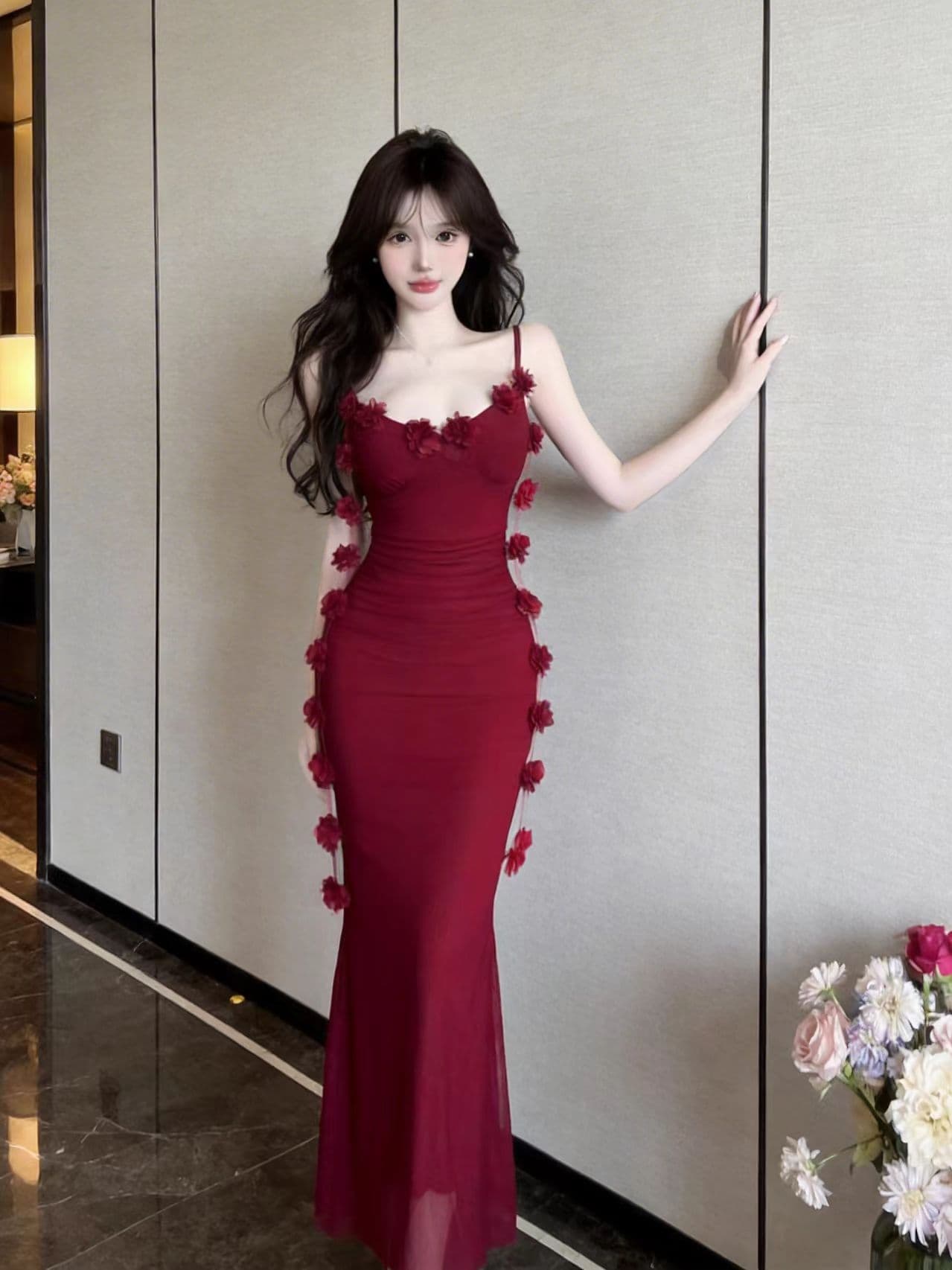 실사 수 있습니다. 소금 수 있습니다. 달콤한 순수한 욕망 바람 타이트 스커트 슬립 작은 키 디스플레이 높음 허리 수축 3 차원 꽃 망사 드레스 상세 이미지 15