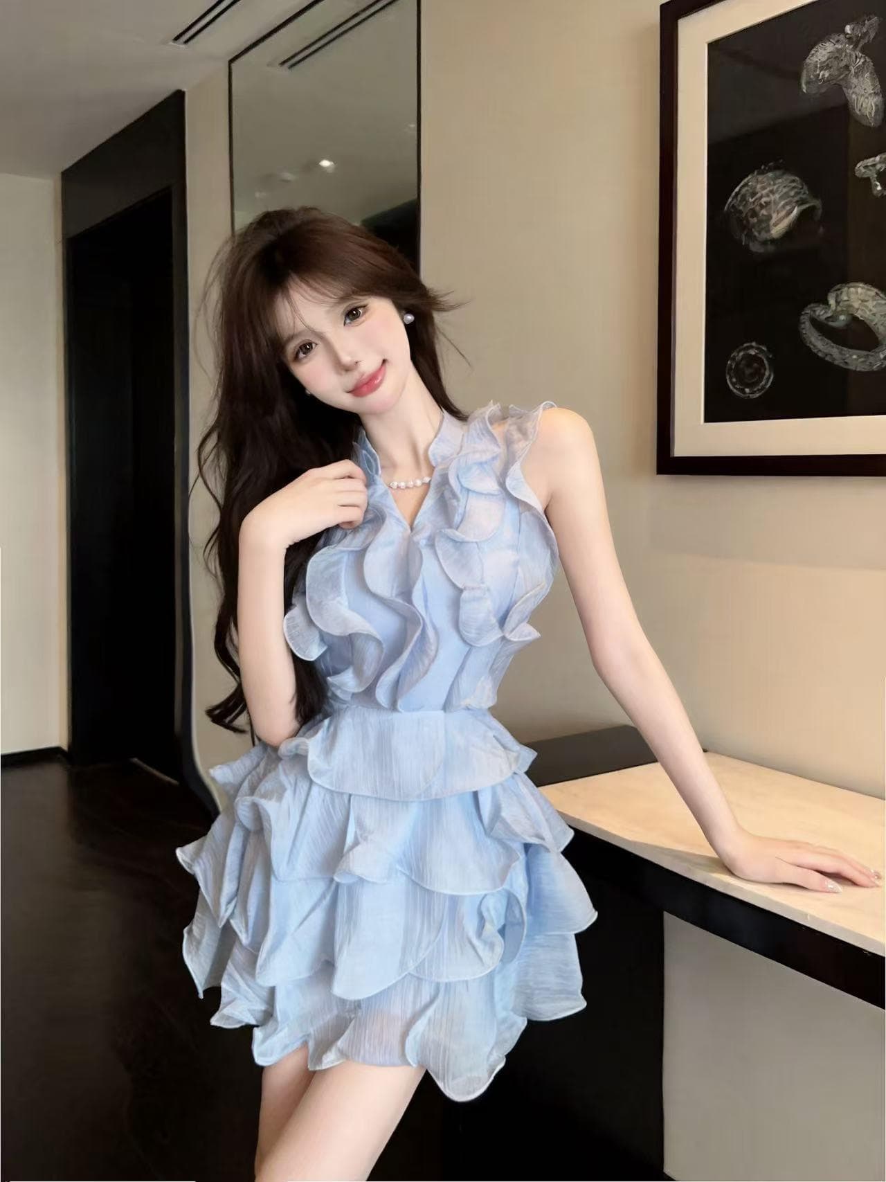 실사 프랑스식 달콤함 작은 청신 하늘색 행침 목 드레스 프릴 디자인 센스 품격 케이크 외국 가스 치마 상세 이미지 4