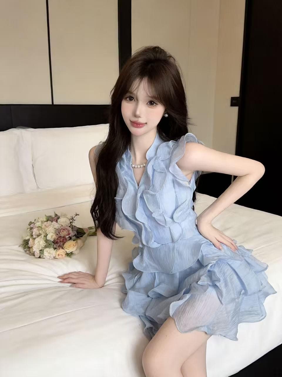 실사 프랑스식 달콤함 작은 청신 하늘색 행침 목 드레스 프릴 디자인 센스 품격 케이크 외국 가스 치마 상세 이미지 11