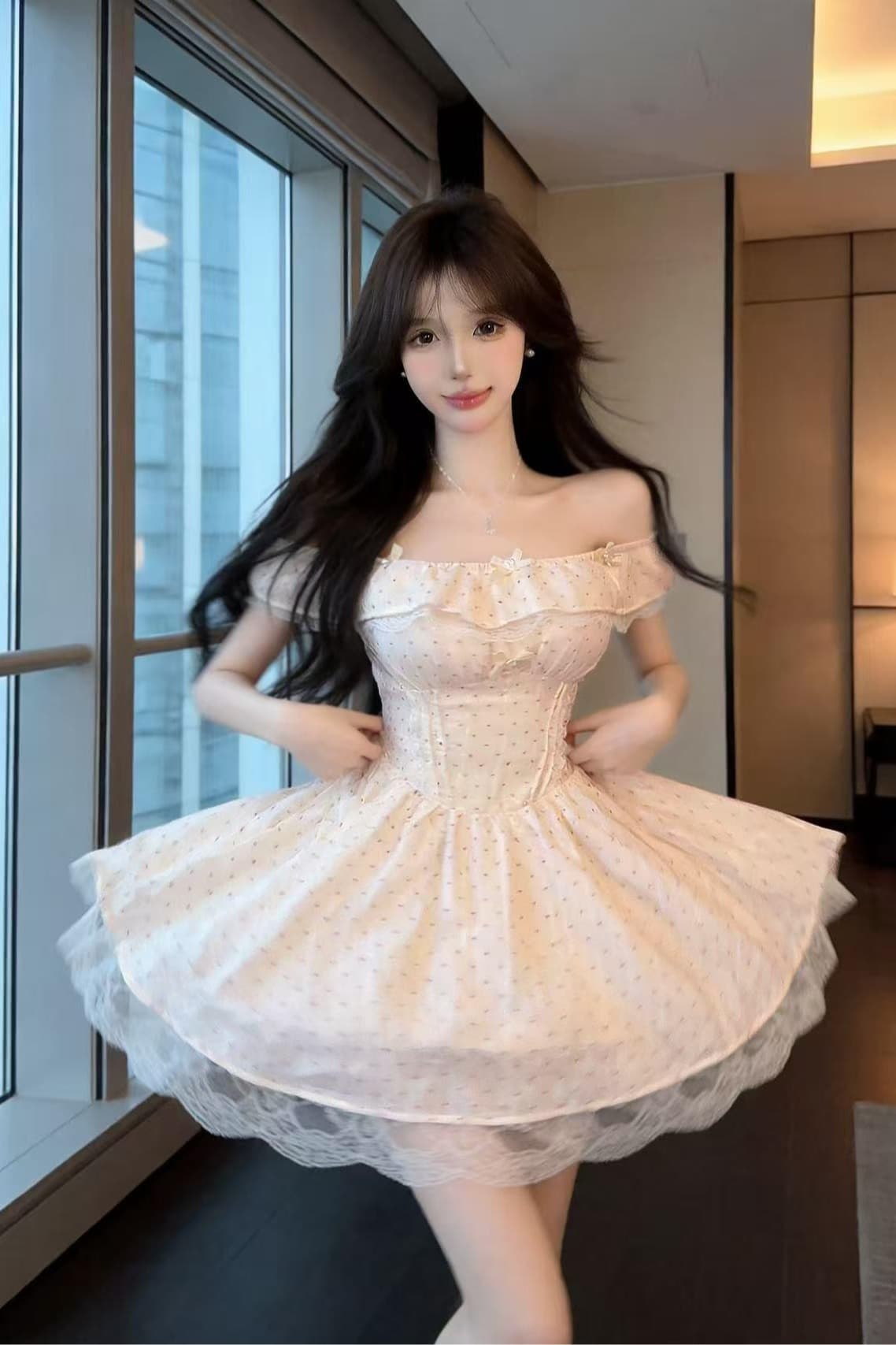 실사 부드러운 고유 한 잘 생긴 오프숄더 허리 수축 퍼프 드레스 핑크색 허리 인감 공주 드레스 세트 완료 착용 가져 가라. 이미지 6