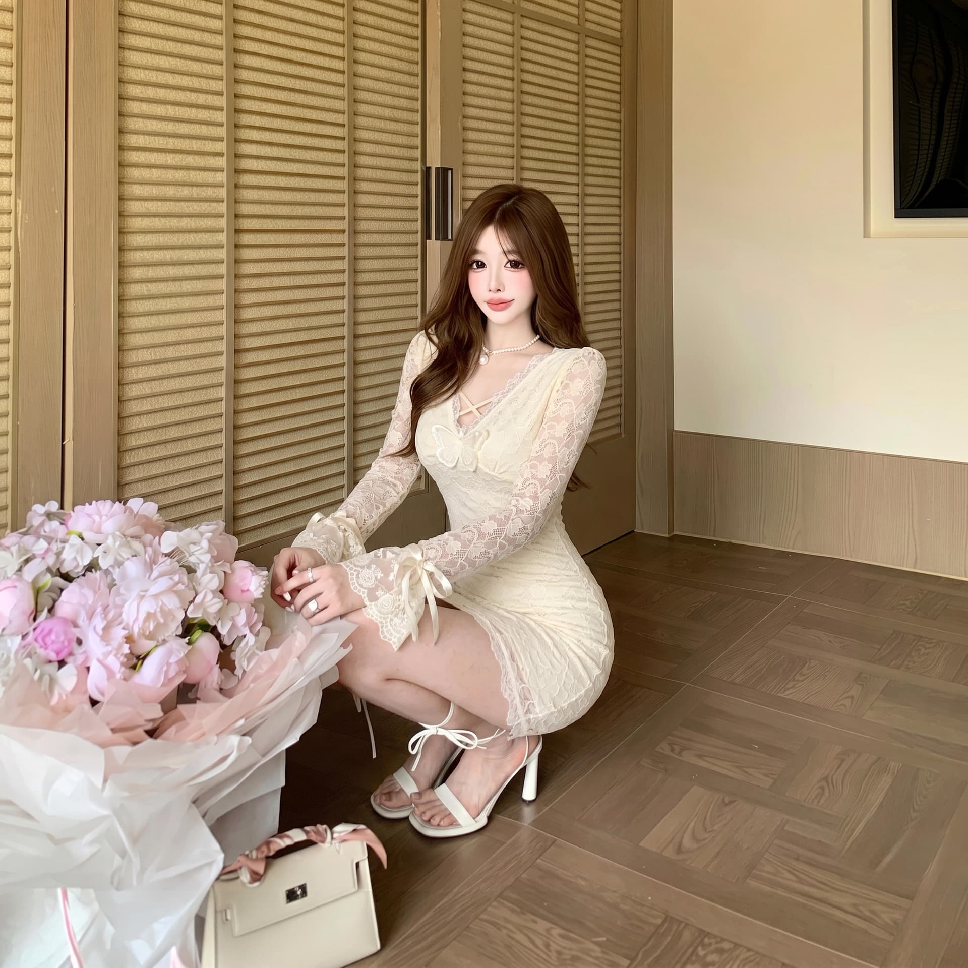 실사 순수한 욕망 바람 레이스 조각 홀로우 아웃 핫걸 긴팔 드레스 디자인 센스 몸매 가꾸기 슬림해 보이는 한 마디 타이트 스커트 이미지 5