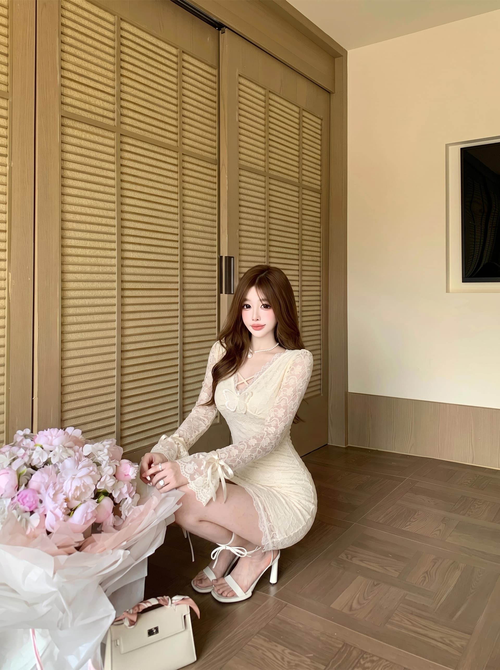 실사 순수한 욕망 바람 레이스 조각 홀로우 아웃 핫걸 긴팔 드레스 디자인 센스 몸매 가꾸기 슬림해 보이는 한 마디 타이트 스커트 상세 이미지 7