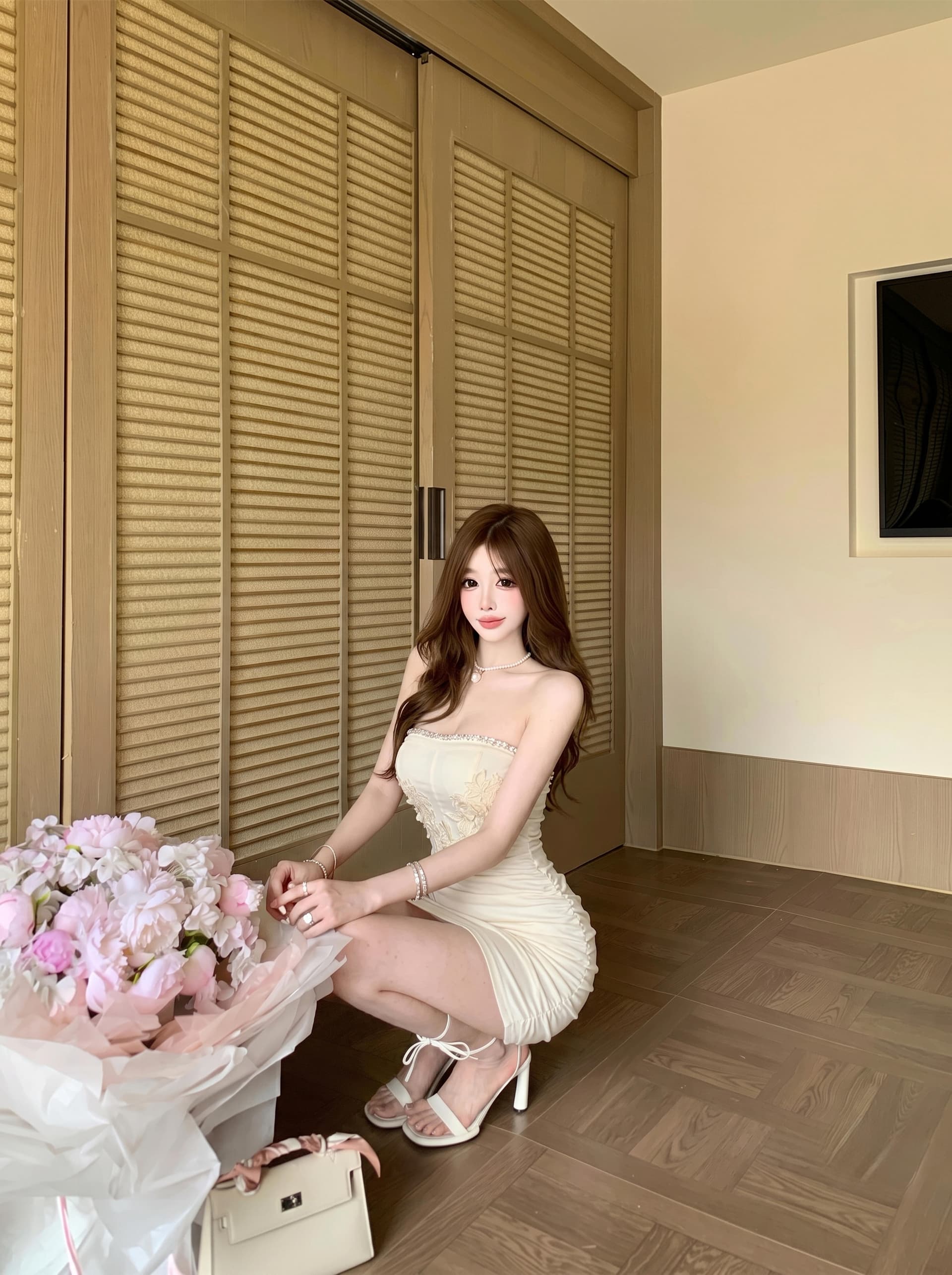 실사 디자인 센스 패치워크 꽃 민소매 튜브탑 치마 여성 여름 순수한 욕망 허리 수축 생일 벨트 가슴 패드 타이트 스커트 미니 스커트 상세 이미지 7
