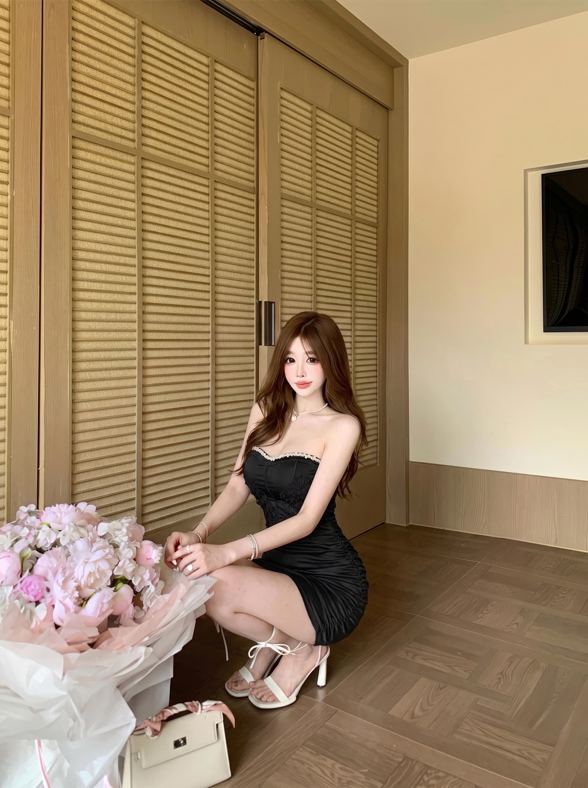 실사 디자인 센스 패치워크 꽃 민소매 튜브탑 치마 여성 여름 순수한 욕망 허리 수축 생일 벨트 가슴 패드 타이트 스커트 미니 스커트 상세 이미지 11