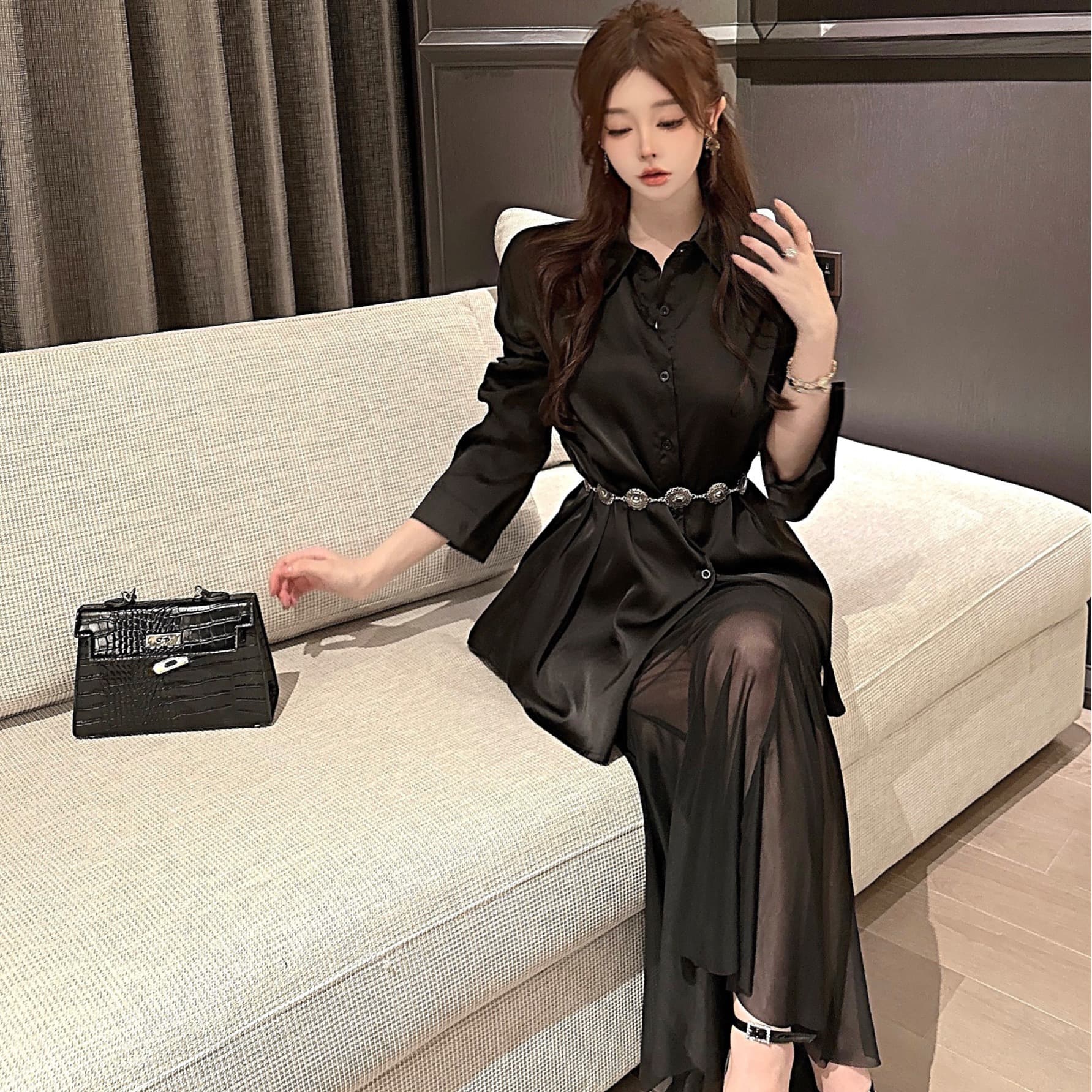 실사 고급 센스 레트로 핫걸 검정색 세트 여름 로얄 자매 팬 외국 가스 셔츠 망사 패치워크 롱 스커트 3종 세트 이미지 5