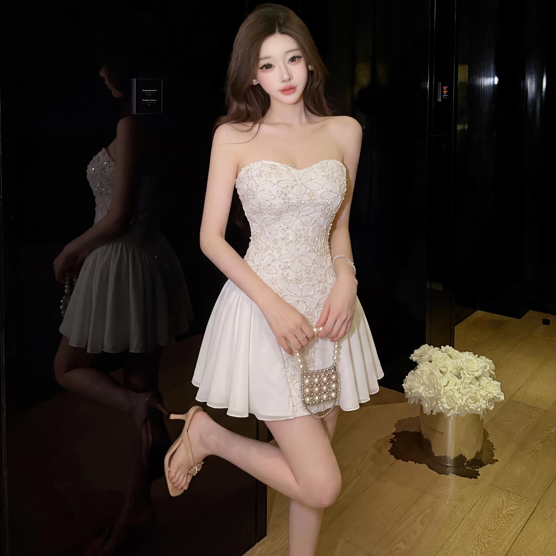 실사 프랑스식 천 골드 공주 바람 망사 패치워크 튜브탑 여성 여름 허리 수축 슬림해 보이는 퍼프 생일 모임 미니 스커트 이미지 5