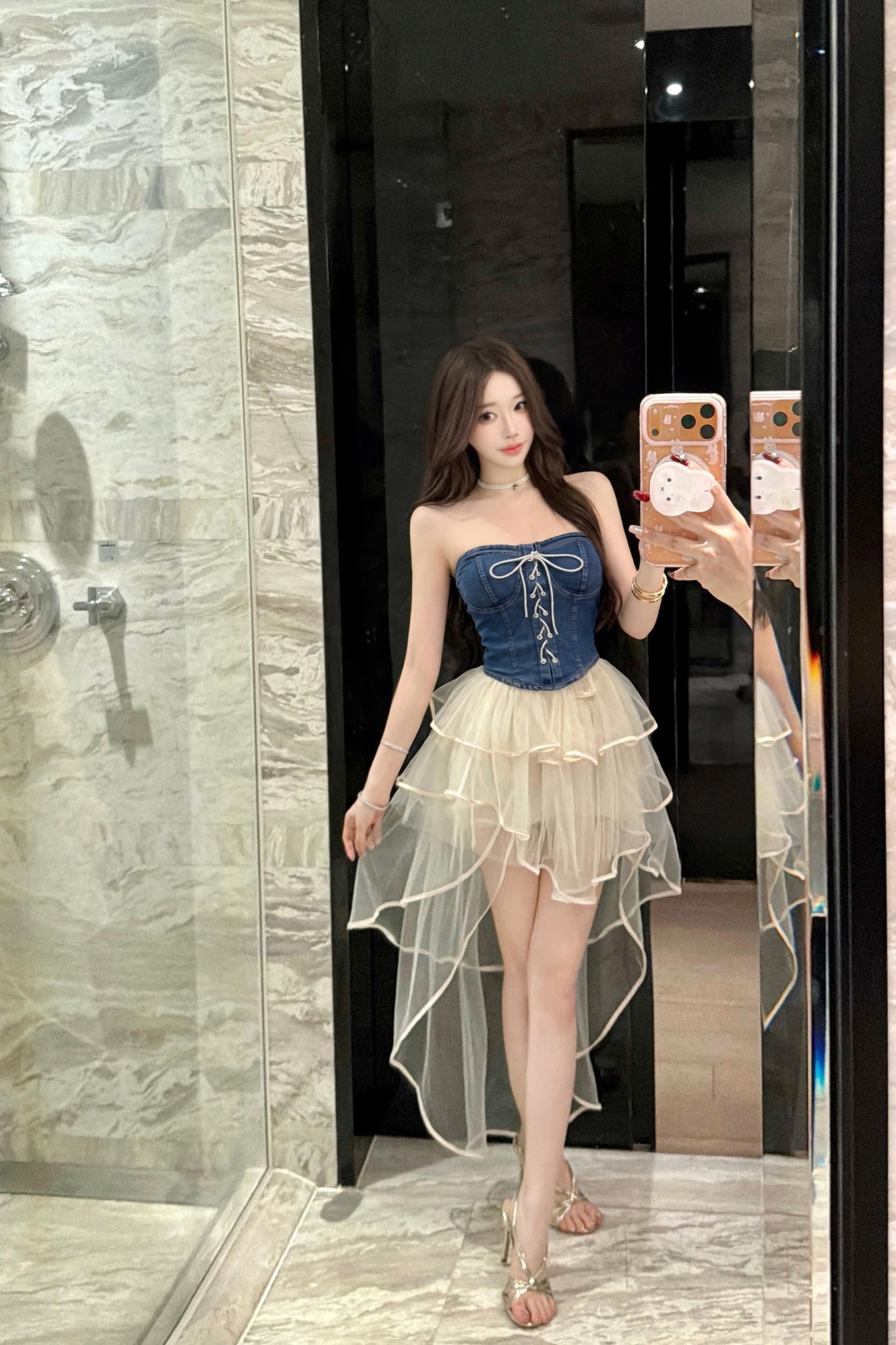 실사 달콤한 핫걸 여름 Chic 레이스업 펌프 로프 데님 튜브탑 살구 색상 끌기 꼬리 반 스커트 외국 가스 세트 완료 착용 가져 가라. 이미지 6