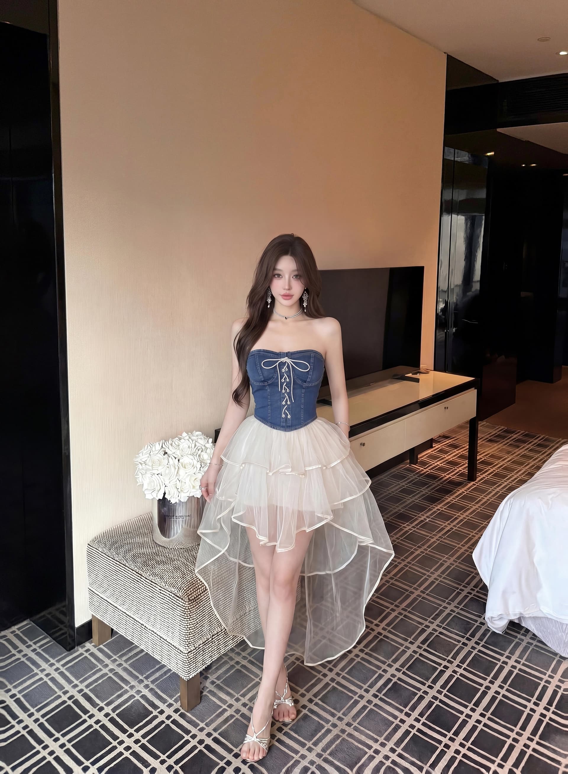 실사 달콤한 핫걸 여름 Chic 레이스업 펌프 로프 데님 튜브탑 살구 색상 끌기 꼬리 반 스커트 외국 가스 세트 완료 착용 가져 가라. 상세 이미지 10