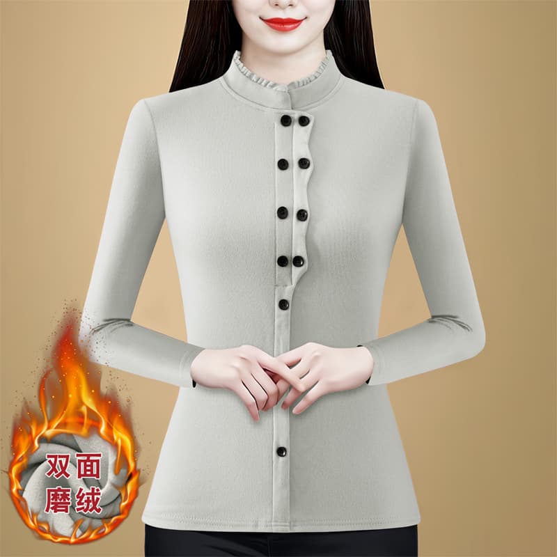 패션 양면 De 플러시 레이스 스탠드 칼라 단색 기본 셔츠 가을과 겨울 외국 가스 중년 엄마 슬림해 보이는 다용도 맨위 이미지 2