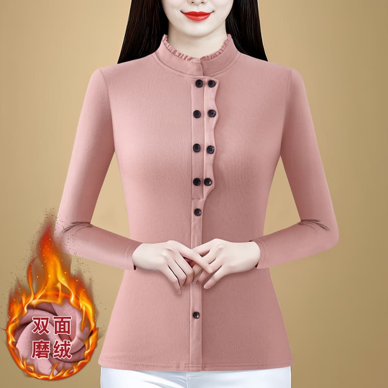패션 양면 De 플러시 레이스 스탠드 칼라 단색 기본 셔츠 가을과 겨울 외국 가스 중년 엄마 슬림해 보이는 다용도 맨위 이미지 3
