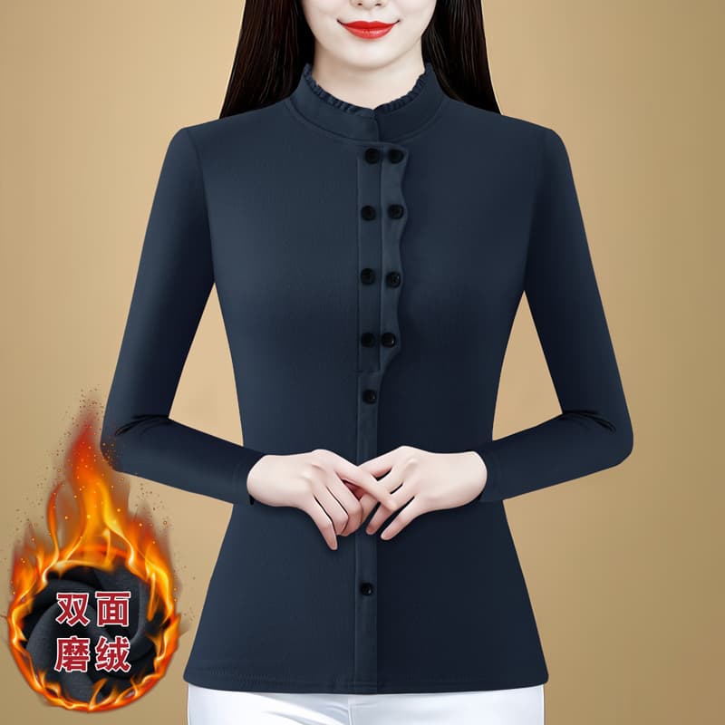 패션 양면 De 플러시 레이스 스탠드 칼라 단색 기본 셔츠 가을과 겨울 외국 가스 중년 엄마 슬림해 보이는 다용도 맨위 이미지 4