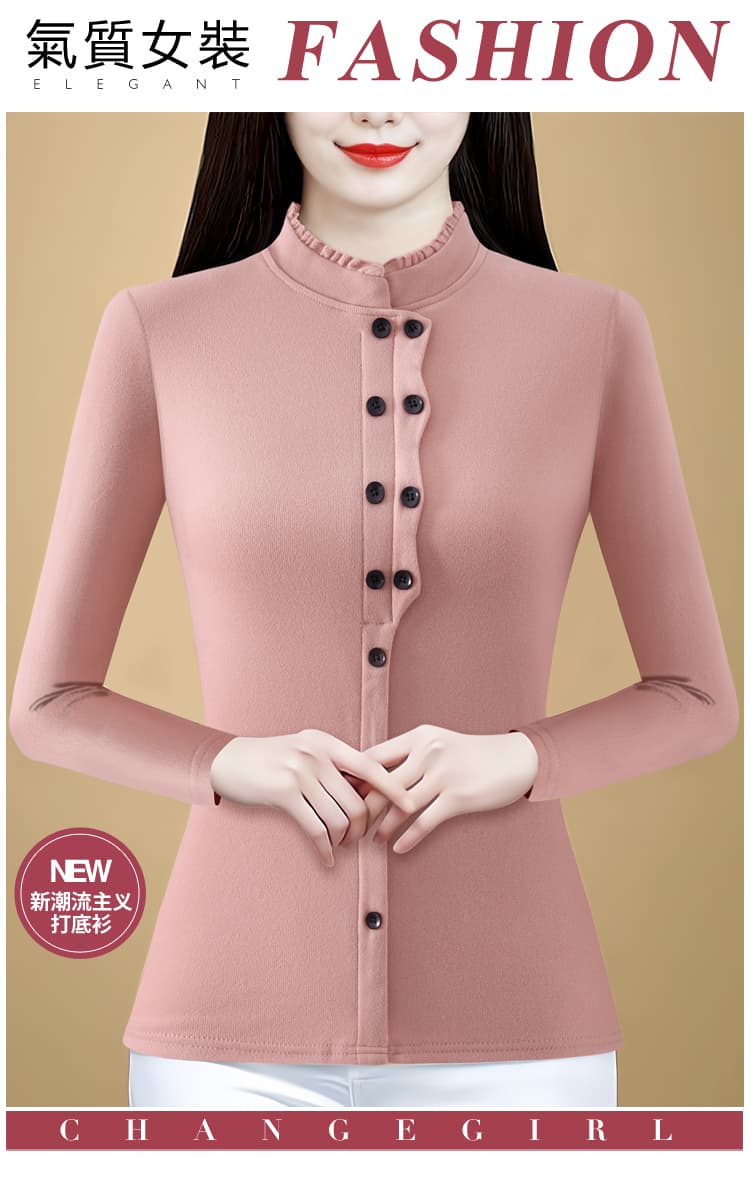 패션 양면 De 플러시 레이스 스탠드 칼라 단색 기본 셔츠 가을과 겨울 외국 가스 중년 엄마 슬림해 보이는 다용도 맨위 상세 이미지 1