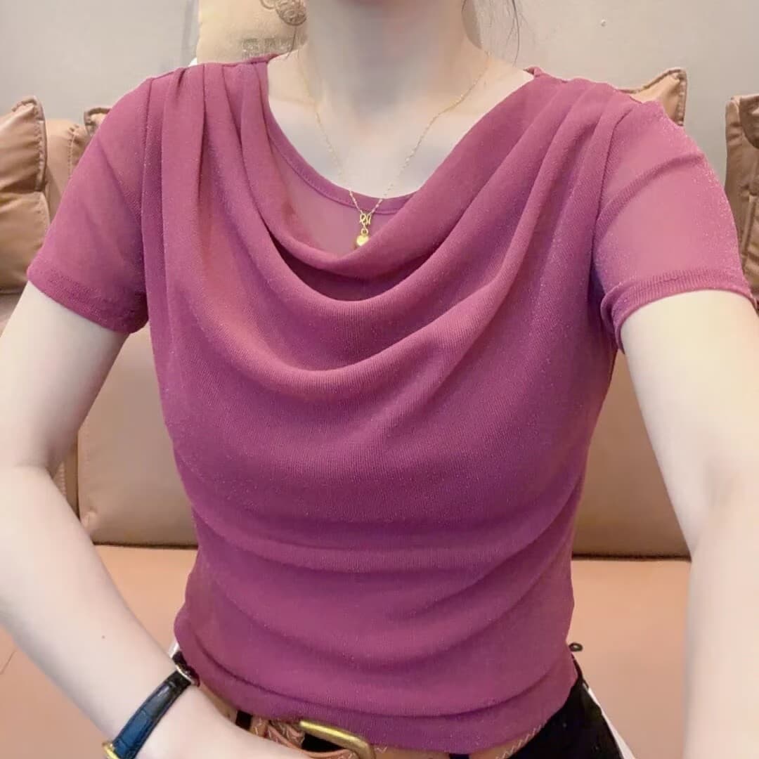 작은 민 홈 여름 새로운 미니멀리즘 말뚝 더미 칼라 몸매 가꾸기 반팔 티셔츠 여성 다용도 패션 이미지 5