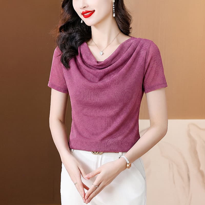 2026 여름 새로운 미니멀리즘 말뚝 더미 칼라 몸매 가꾸기 반팔 티셔츠 여성 다용도 패션 이미지 2