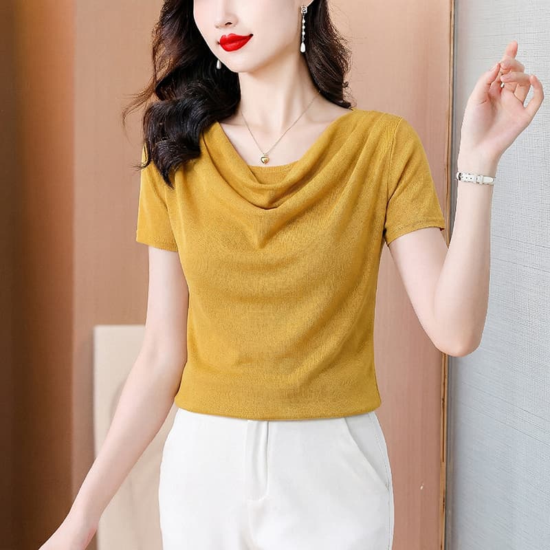 2026 여름 새로운 미니멀리즘 말뚝 더미 칼라 몸매 가꾸기 반팔 티셔츠 여성 다용도 패션 이미지 4