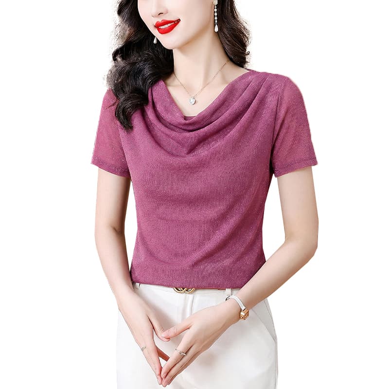 2026 여름 새로운 미니멀리즘 말뚝 더미 칼라 몸매 가꾸기 반팔 티셔츠 여성 다용도 패션 이미지 5