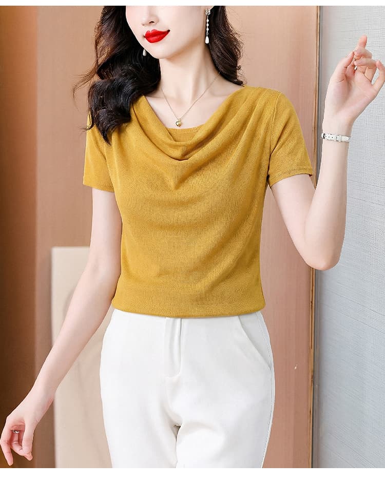 2026 여름 새로운 미니멀리즘 말뚝 더미 칼라 몸매 가꾸기 반팔 티셔츠 여성 다용도 패션 상세 이미지 16