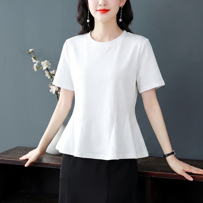 여름 신제품 2026 빛 럭셔리 외국 가스 라운드 넥 티셔츠 여성 여름 새로운 여성용 짧은 소매 맨위 슬림해 보이는 작은 셔츠 이미지 2
