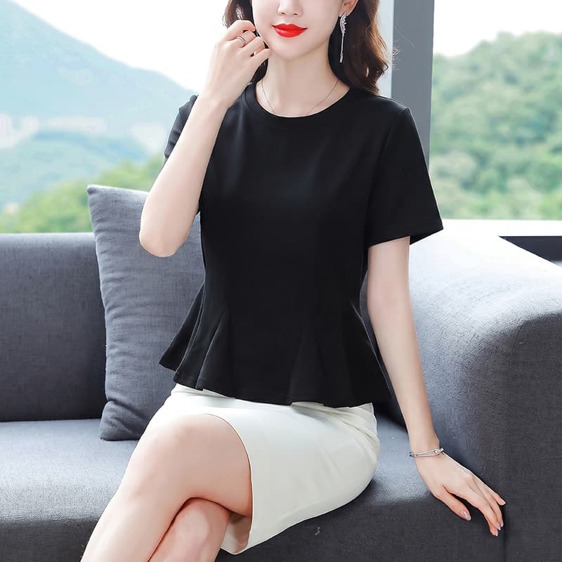 여름 신제품 2026 빛 럭셔리 외국 가스 라운드 넥 티셔츠 여성 여름 새로운 여성용 짧은 소매 맨위 슬림해 보이는 작은 셔츠 이미지 4