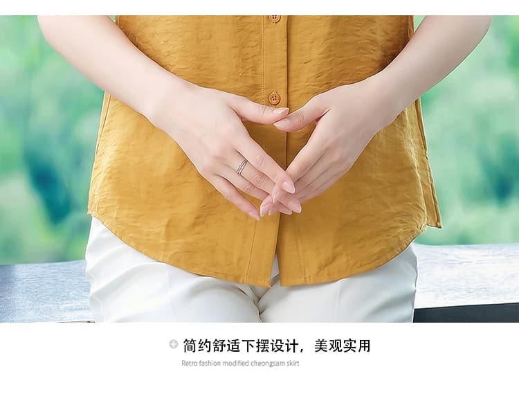 2026 새로운 라운드 넥 버튼 반팔 외국 가스 밑단 트임 디자인 다용도 슬림해 보이는 블라우스 맨위 상세 이미지 7