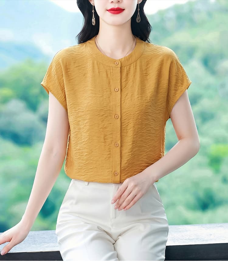 2026 새로운 라운드 넥 버튼 반팔 외국 가스 밑단 트임 디자인 다용도 슬림해 보이는 블라우스 맨위 상세 이미지 14