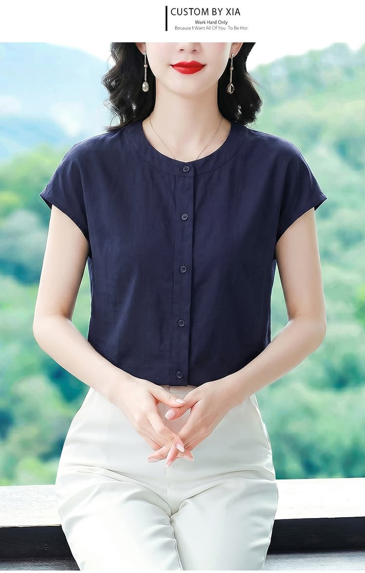 2026 새로운 라운드 넥 버튼 반팔 외국 가스 밑단 트임 디자인 다용도 슬림해 보이는 블라우스 맨위 상세 이미지 18