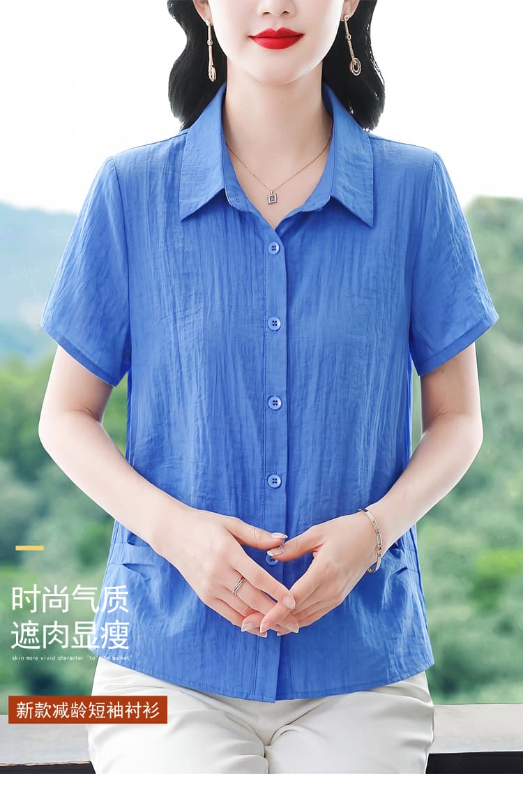 패션 반팔 주간 실크 면 린넨 셔츠 여성 여름 드레스 새로운 품격 캐주얼 셔츠 다용도 외국 가스 엄마 맨위 상세 이미지 2