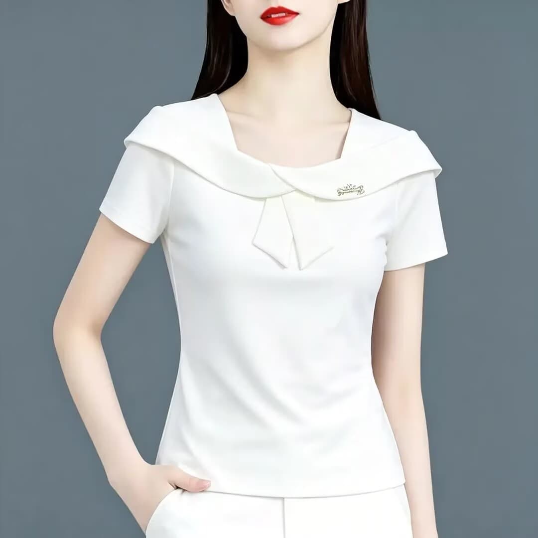 화이트 반팔 광장 칼라 긍정적 인 어깨 패션 미니멀리즘 작은 셔츠 맨위 2026 년 여름 새로운 슬림해 보이는 표지 배 티셔츠 이미지 2