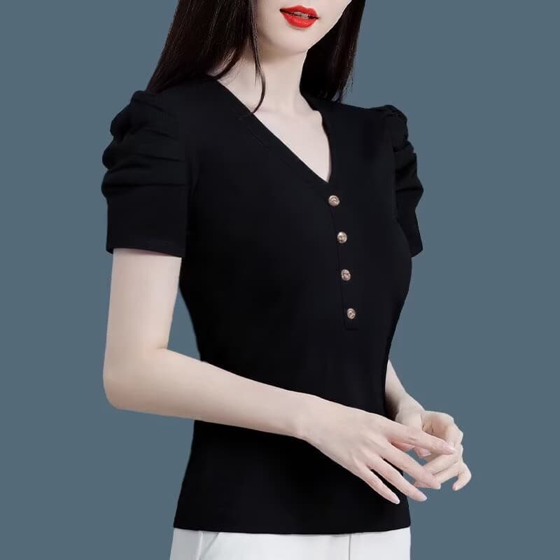 검정색 주간 실크 반팔 V넥 면 소재 거품 소매 작은 셔츠 맨위 2026 년 여름 새로운 표지 배 다용도 티셔츠 상세 이미지 14
