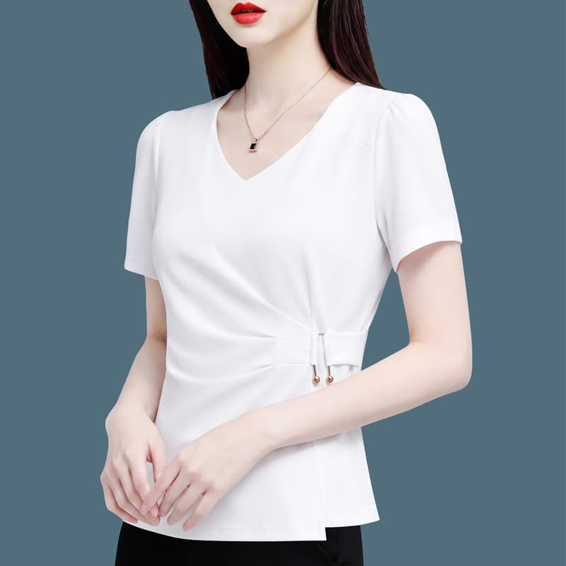 검정색 광장 칼라 긍정적 인 어깨 캐주얼 반팔 미니멀리즘 작은 셔츠 티셔츠 여성 2026 년 여름 얇은 스타일 허리 수축 슬림해 보이는 맨위 이미지 5