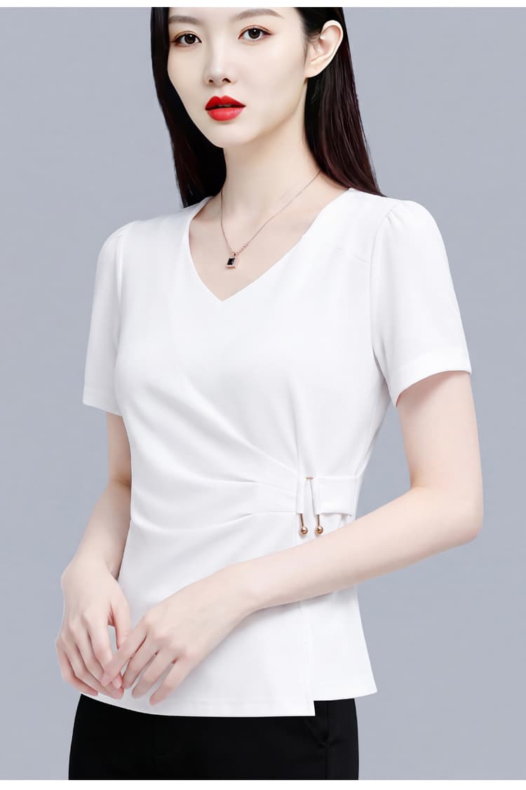 검정색 광장 칼라 긍정적 인 어깨 캐주얼 반팔 미니멀리즘 작은 셔츠 티셔츠 여성 2026 년 여름 얇은 스타일 허리 수축 슬림해 보이는 맨위 상세 이미지 14