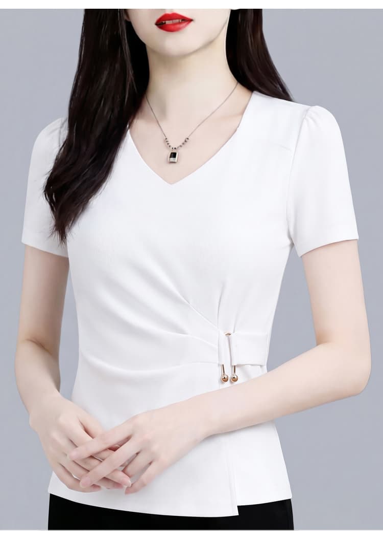 검정색 광장 칼라 긍정적 인 어깨 캐주얼 반팔 미니멀리즘 작은 셔츠 티셔츠 여성 2026 년 여름 얇은 스타일 허리 수축 슬림해 보이는 맨위 상세 이미지 16