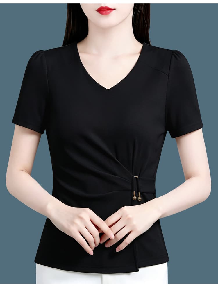 검정색 광장 칼라 긍정적 인 어깨 캐주얼 반팔 미니멀리즘 작은 셔츠 티셔츠 여성 2026 년 여름 얇은 스타일 허리 수축 슬림해 보이는 맨위 상세 이미지 25